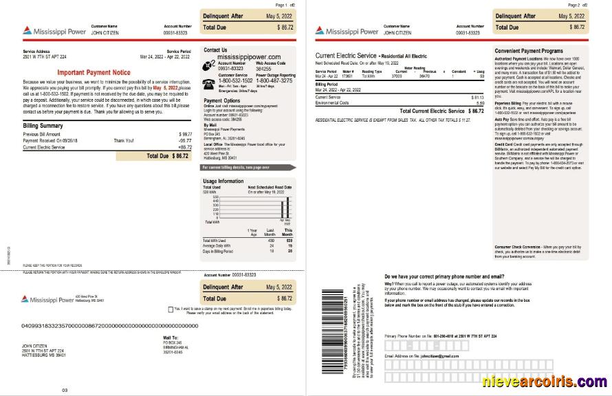 USA Mississippi Power utility bill, 2 pages